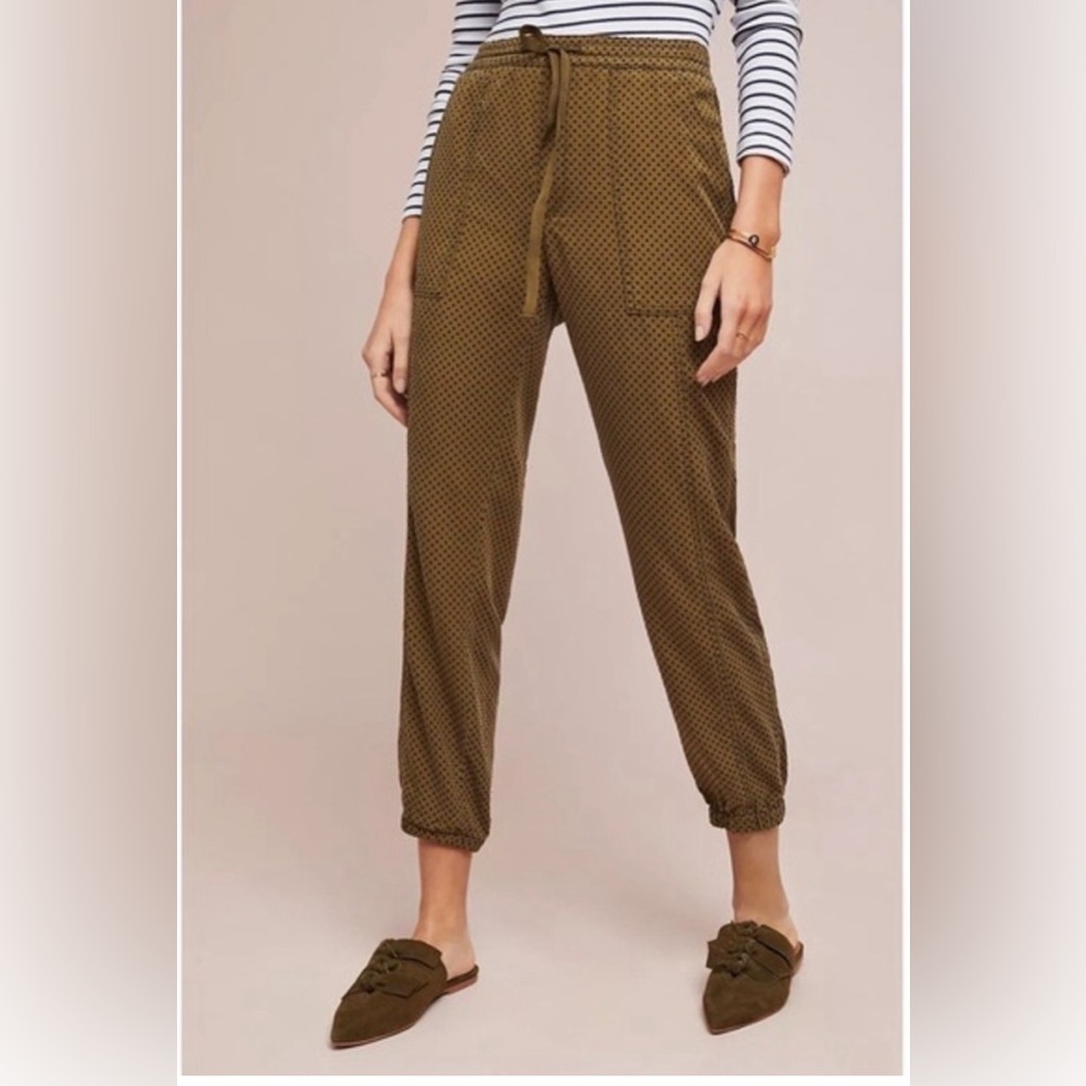 Anthropologie Womens Olive Navy Polka Dot Drawstring Jogger Pants Size small